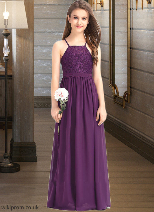 Josephine A-Line Square Neckline Floor-Length Chiffon Lace Junior Bridesmaid Dress With Bow(s) SWKP0013438