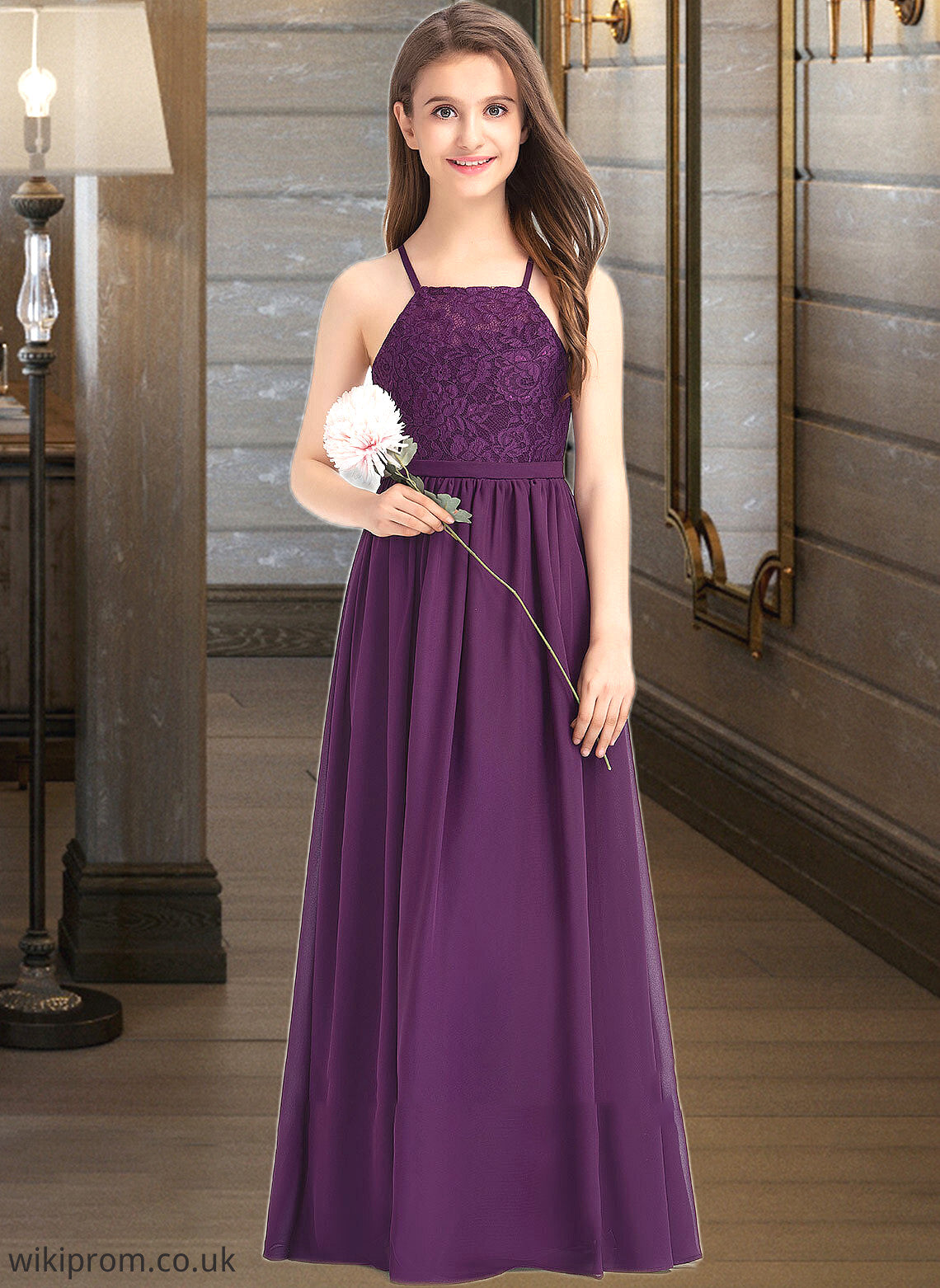 Josephine A-Line Square Neckline Floor-Length Chiffon Lace Junior Bridesmaid Dress With Bow(s) SWKP0013438