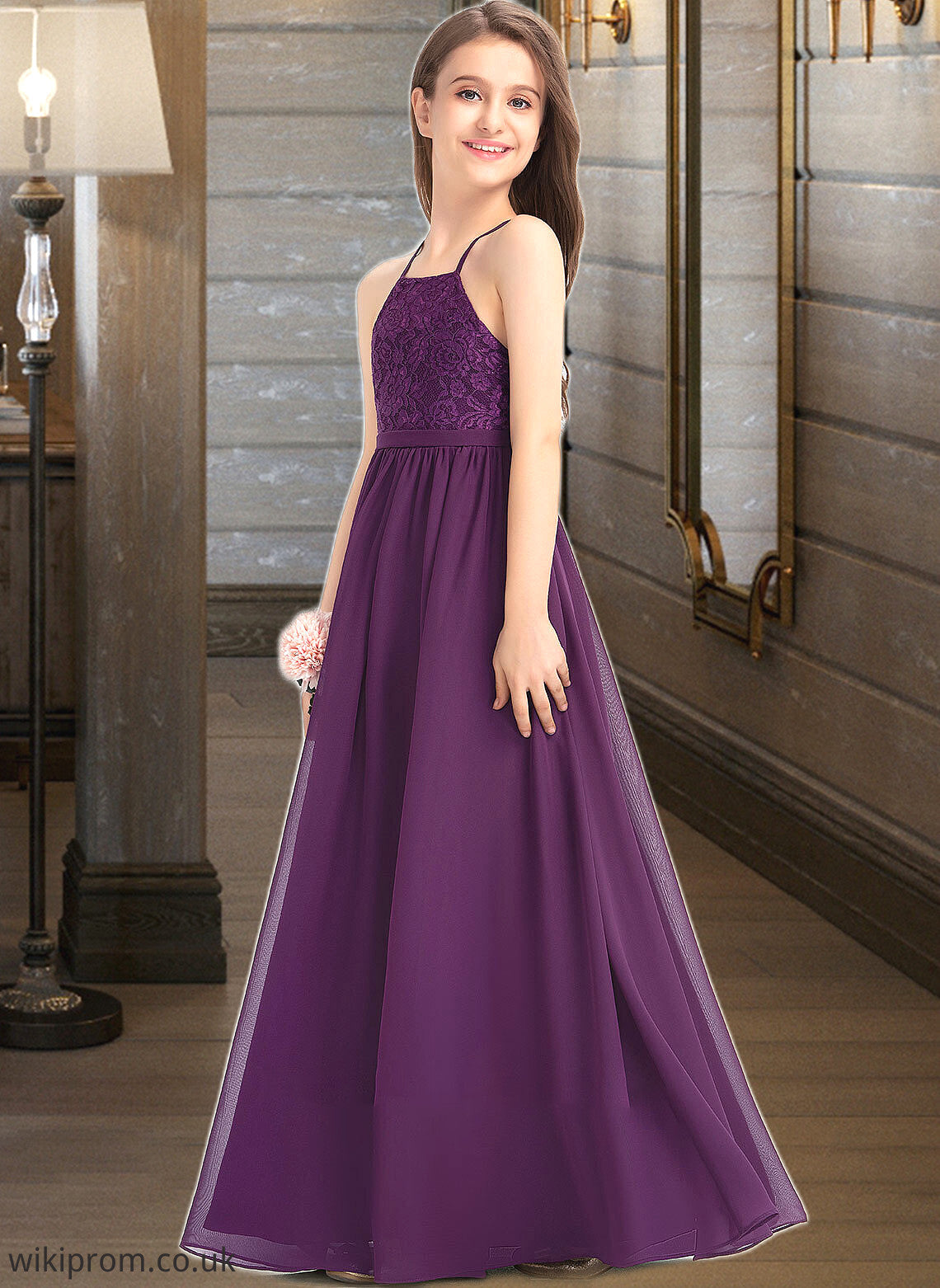 Josephine A-Line Square Neckline Floor-Length Chiffon Lace Junior Bridesmaid Dress With Bow(s) SWKP0013438