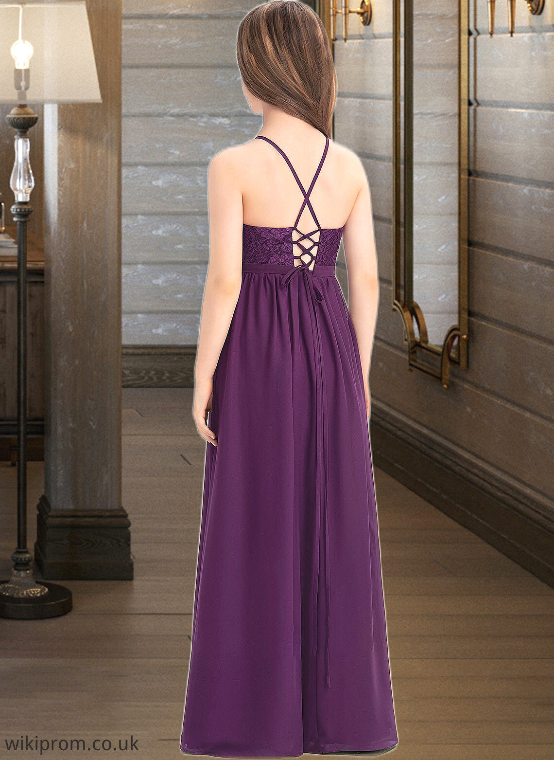 Josephine A-Line Square Neckline Floor-Length Chiffon Lace Junior Bridesmaid Dress With Bow(s) SWKP0013438