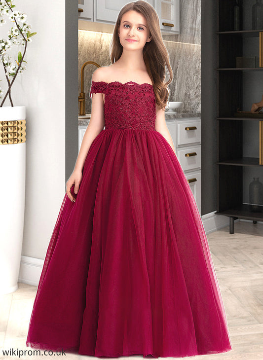 Leah Ball-Gown/Princess Off-the-Shoulder Floor-Length Tulle Lace Junior Bridesmaid Dress With Beading Sequins SWKP0013440