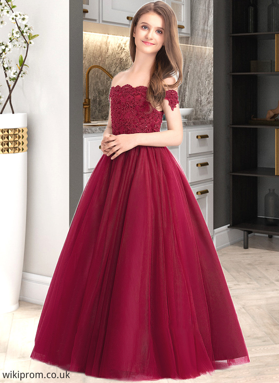 Leah Ball-Gown/Princess Off-the-Shoulder Floor-Length Tulle Lace Junior Bridesmaid Dress With Beading Sequins SWKP0013440