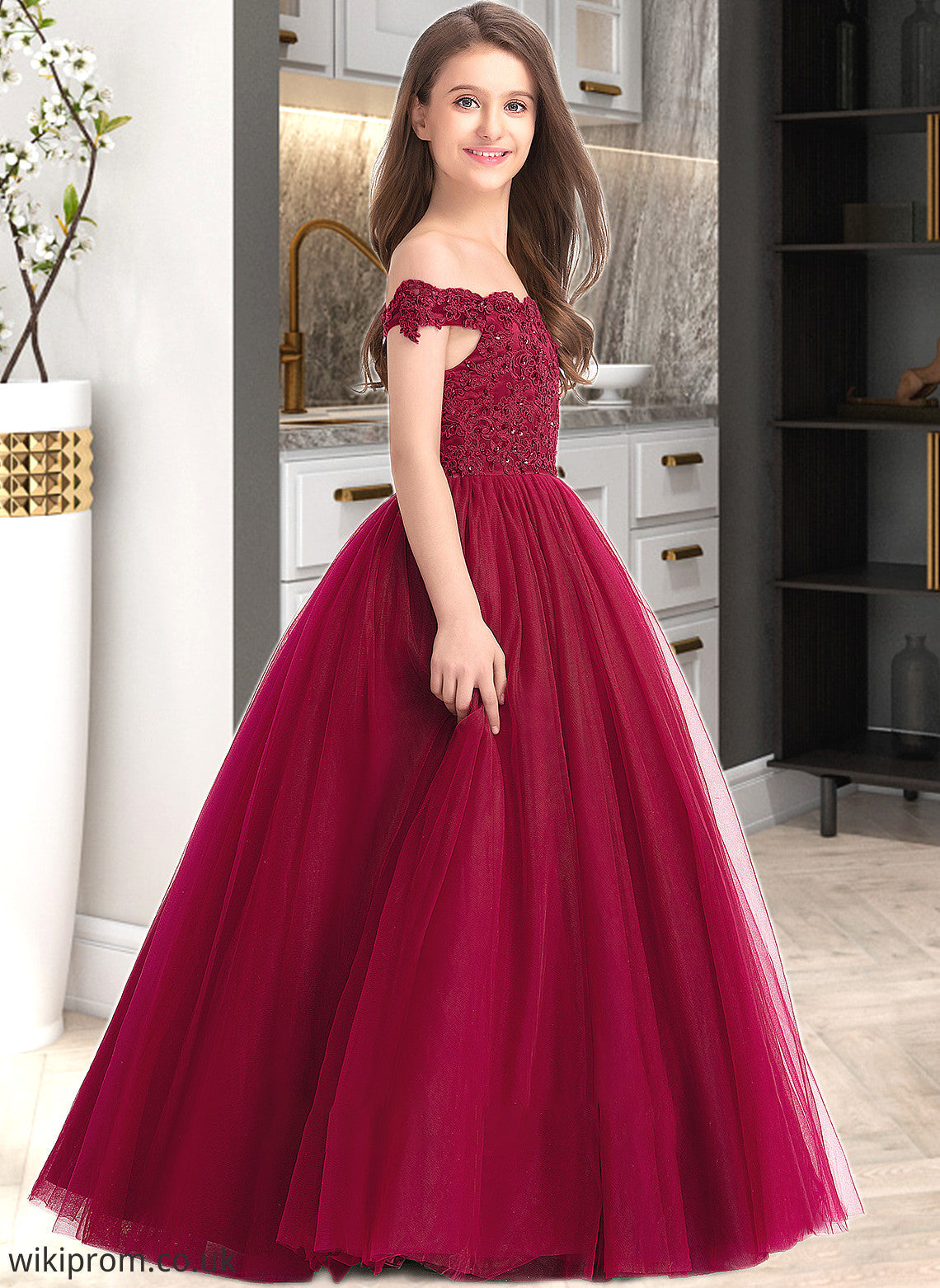 Leah Ball-Gown/Princess Off-the-Shoulder Floor-Length Tulle Lace Junior Bridesmaid Dress With Beading Sequins SWKP0013440