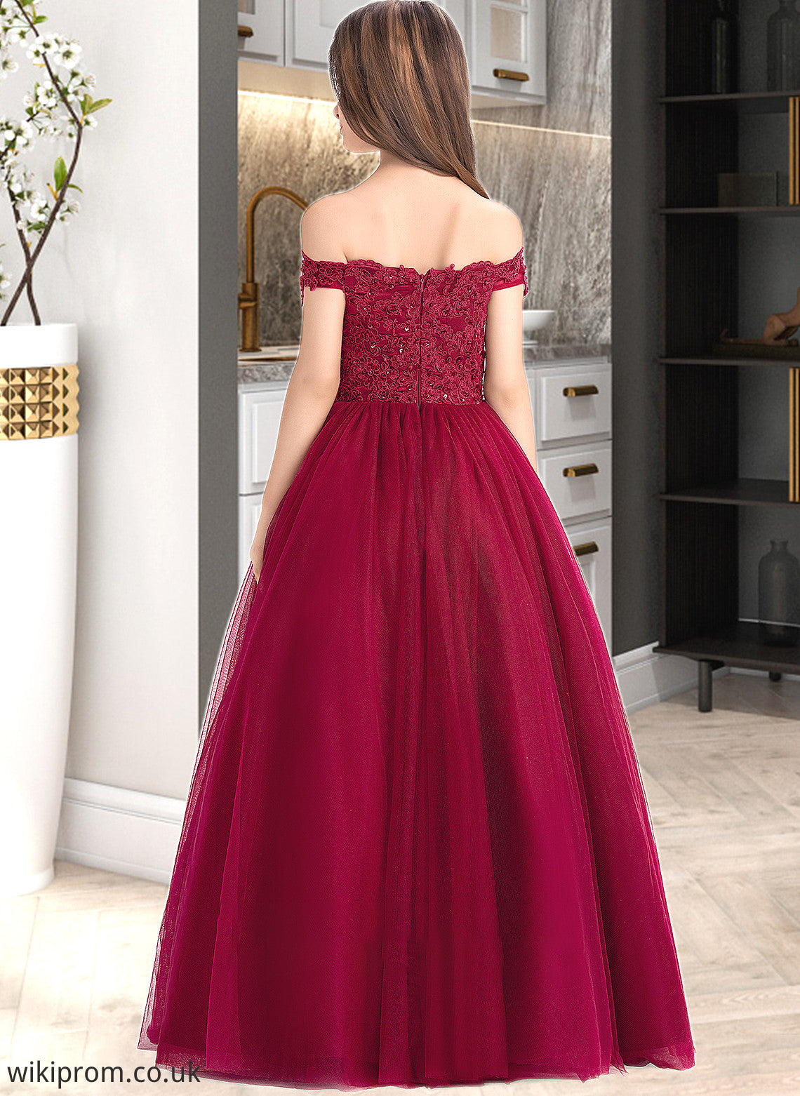 Leah Ball-Gown/Princess Off-the-Shoulder Floor-Length Tulle Lace Junior Bridesmaid Dress With Beading Sequins SWKP0013440