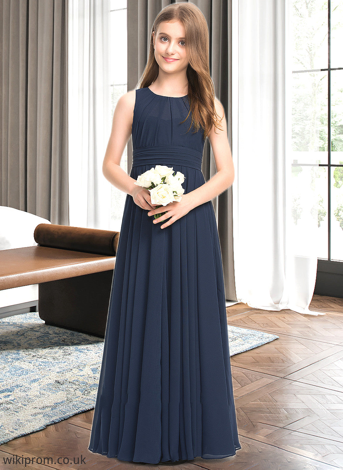 Thea A-Line Scoop Neck Floor-Length Chiffon Junior Bridesmaid Dress With Ruffle SWKP0013441