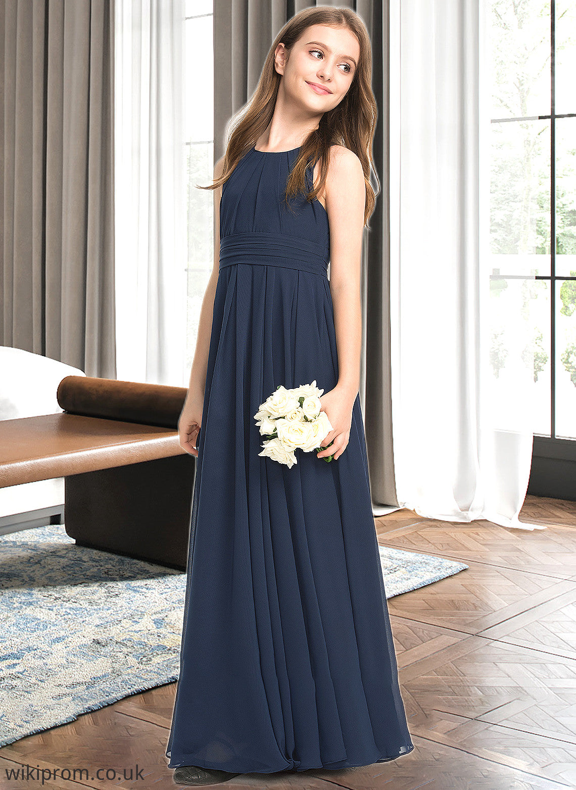 Thea A-Line Scoop Neck Floor-Length Chiffon Junior Bridesmaid Dress With Ruffle SWKP0013441