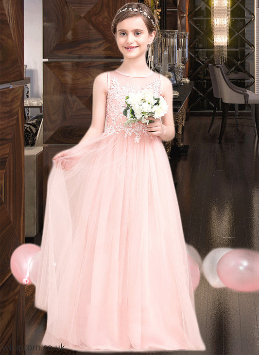 Anahi A-Line Scoop Neck Floor-Length Tulle Junior Bridesmaid Dress With Beading Sequins SWKP0013444