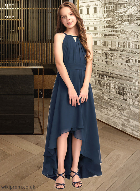 Jayden A-Line Scoop Neck Asymmetrical Chiffon Junior Bridesmaid Dress With Bow(s) Ruffles SWKP0013445