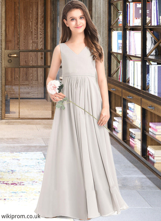 Kira A-Line V-neck Floor-Length Chiffon Junior Bridesmaid Dress With Pockets SWKP0013446