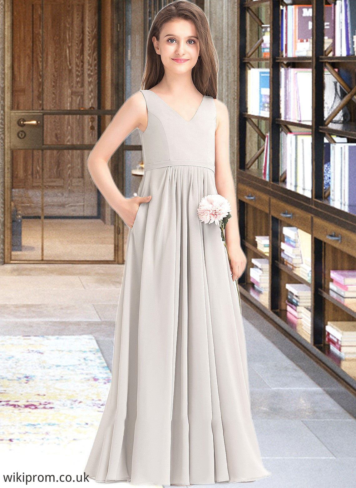 Kira A-Line V-neck Floor-Length Chiffon Junior Bridesmaid Dress With Pockets SWKP0013446