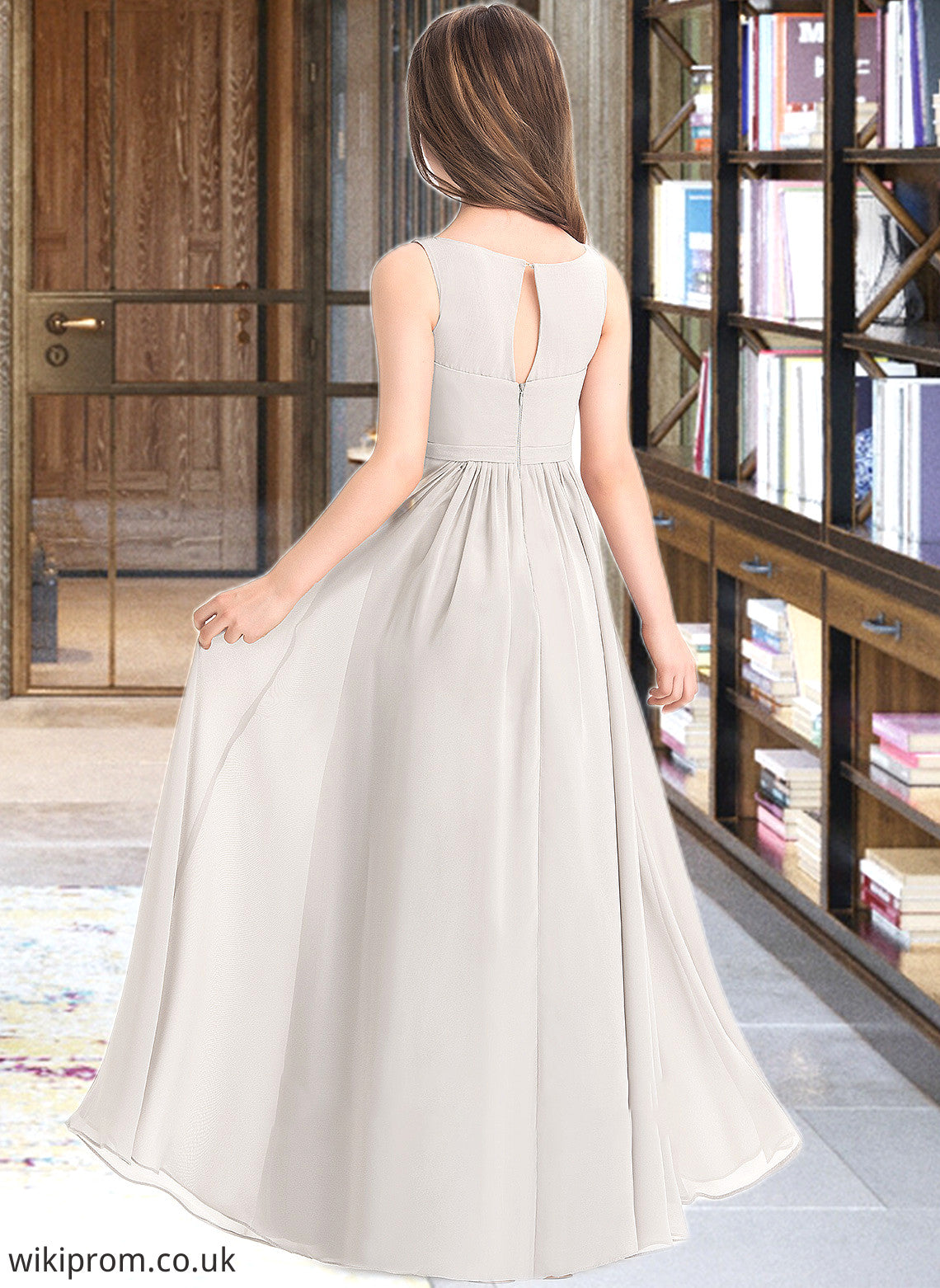 Kira A-Line V-neck Floor-Length Chiffon Junior Bridesmaid Dress With Pockets SWKP0013446