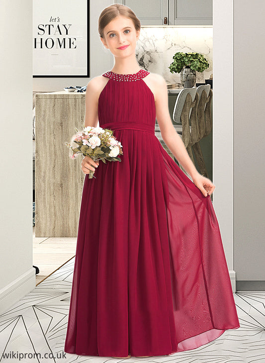 Zaniyah A-Line Scoop Neck Floor-Length Chiffon Junior Bridesmaid Dress With Ruffle Beading Bow(s) SWKP0013447