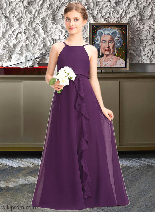 Michaelia A-Line Scoop Neck Floor-Length Chiffon Junior Bridesmaid Dress With Bow(s) Cascading Ruffles SWKP0013448