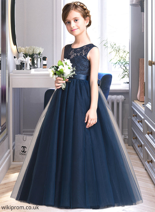 Olive Ball-Gown/PrincessScoopNeckFloor-LengthTulleJuniorBridesmaidDressWithSash#126265 SWKP0013449