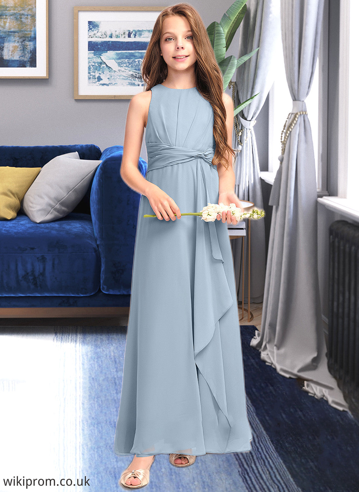 Everleigh A-Line Scoop Neck Floor-Length Chiffon Junior Bridesmaid Dress With Cascading Ruffles SWKP0013450