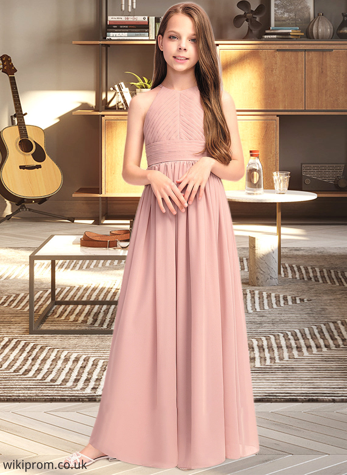 Sophronia A-Line Scoop Neck Floor-Length Chiffon Junior Bridesmaid Dress With Ruffle SWKP0013451