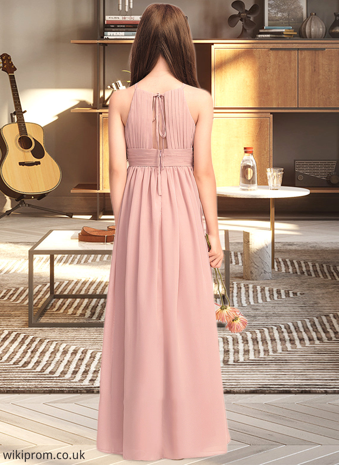 Sophronia A-Line Scoop Neck Floor-Length Chiffon Junior Bridesmaid Dress With Ruffle SWKP0013451