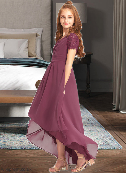 Prudence A-Line V-neck Asymmetrical Chiffon Lace Junior Bridesmaid Dress With Ruffle SWKP0013453