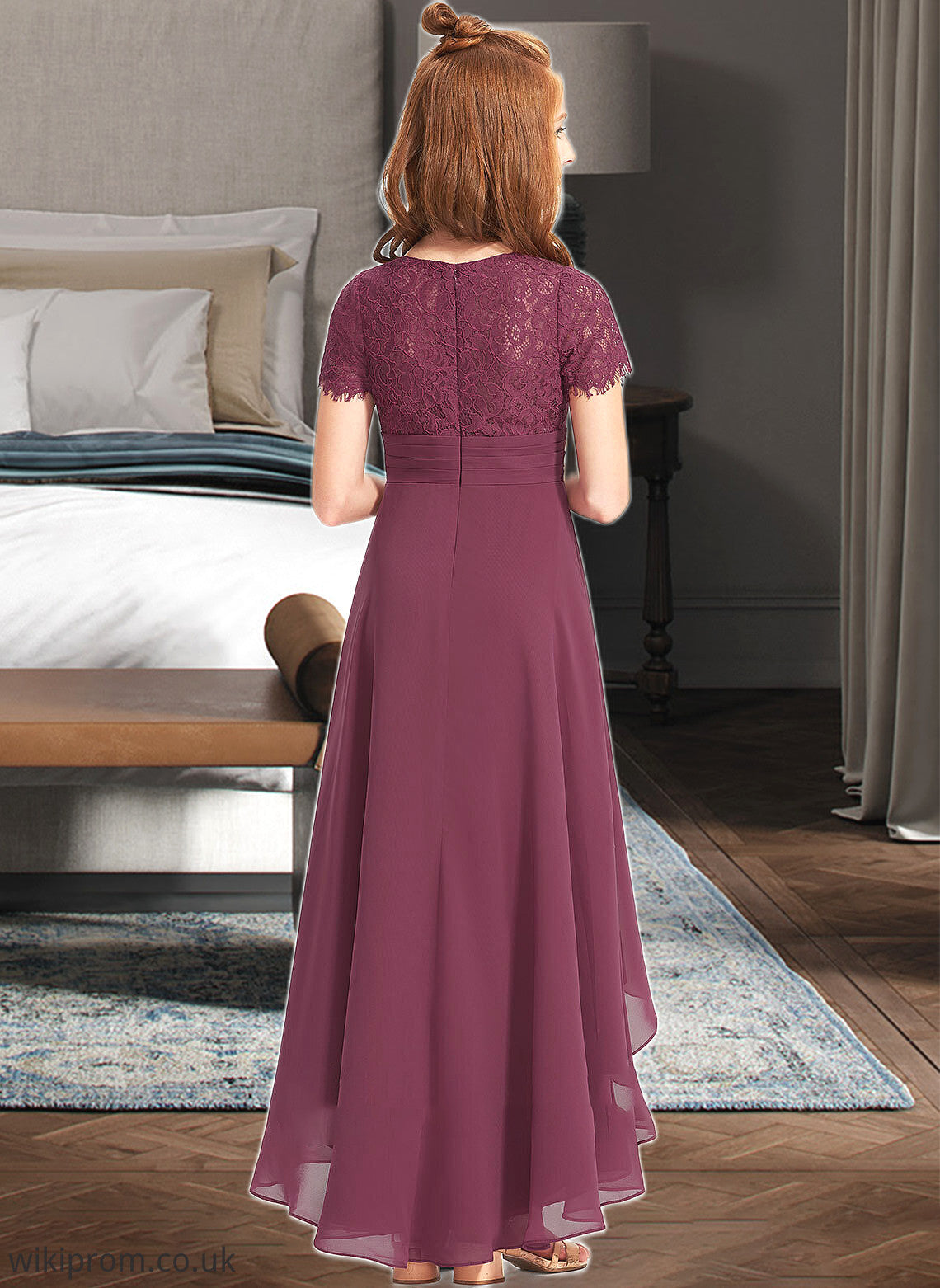 Prudence A-Line V-neck Asymmetrical Chiffon Lace Junior Bridesmaid Dress With Ruffle SWKP0013453