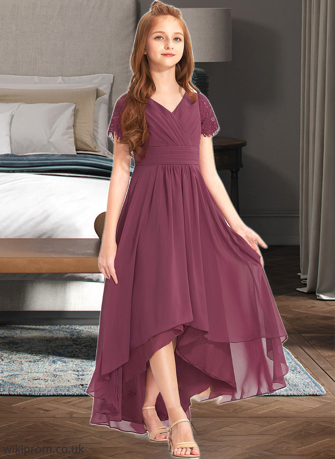 Prudence A-Line V-neck Asymmetrical Chiffon Lace Junior Bridesmaid Dress With Ruffle SWKP0013453