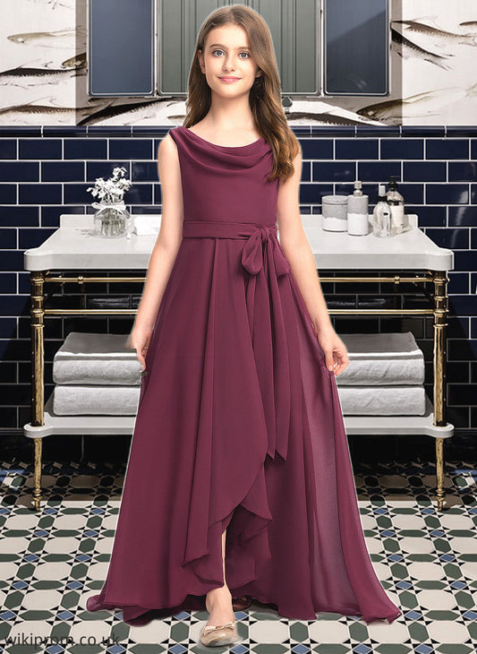 Belinda A-Line Cowl Neck Asymmetrical Chiffon Junior Bridesmaid Dress With Bow(s) SWKP0013454