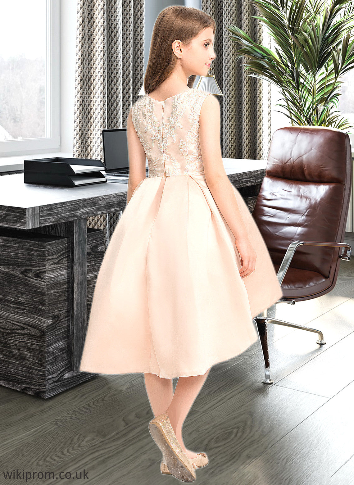 Briana A-Line Scoop Neck Asymmetrical Satin Lace Junior Bridesmaid Dress With Beading Pockets SWKP0013455