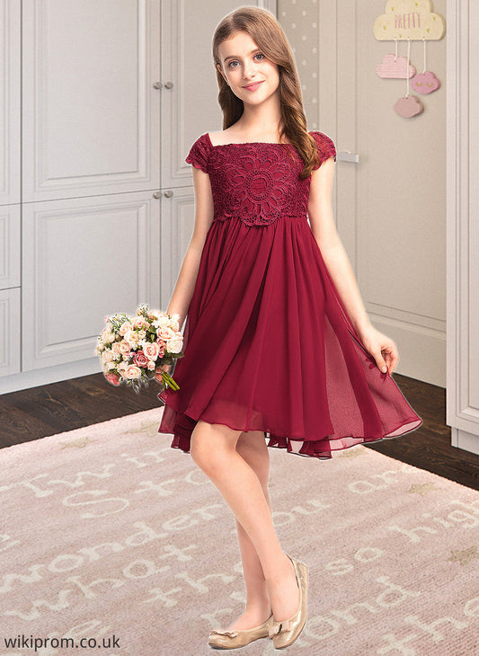 Arabella A-Line Off-the-Shoulder Knee-Length Chiffon Lace Junior Bridesmaid Dress With Bow(s) SWKP0013456