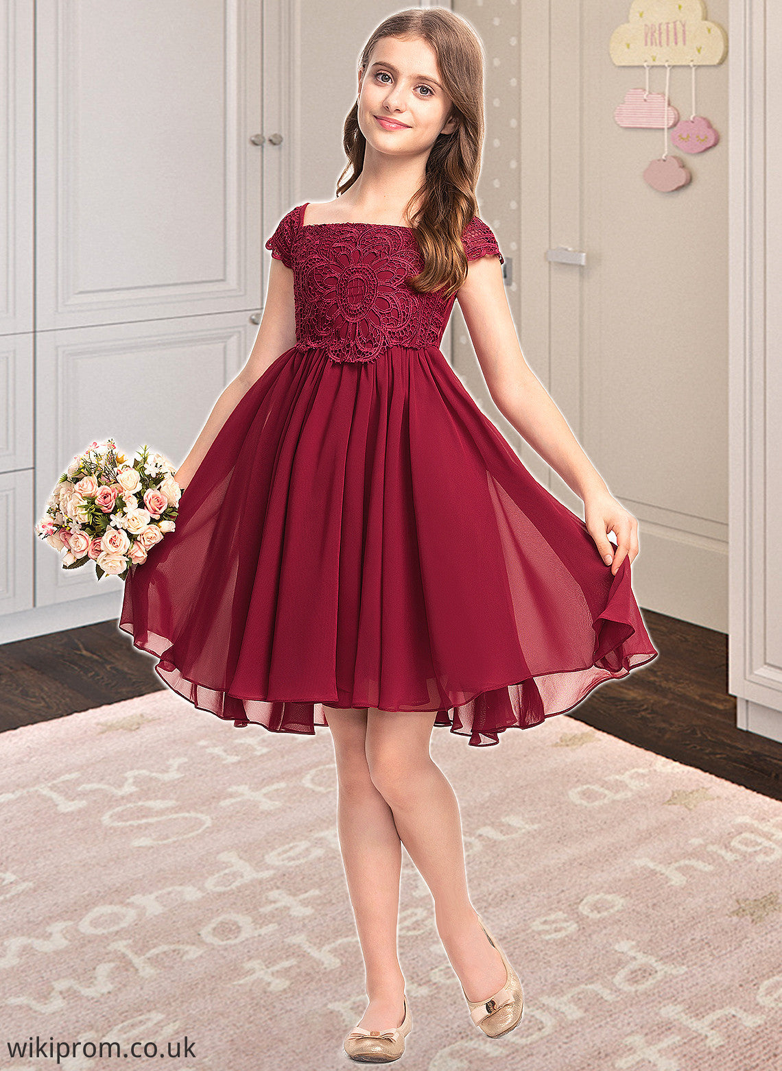 Arabella A-Line Off-the-Shoulder Knee-Length Chiffon Lace Junior Bridesmaid Dress With Bow(s) SWKP0013456