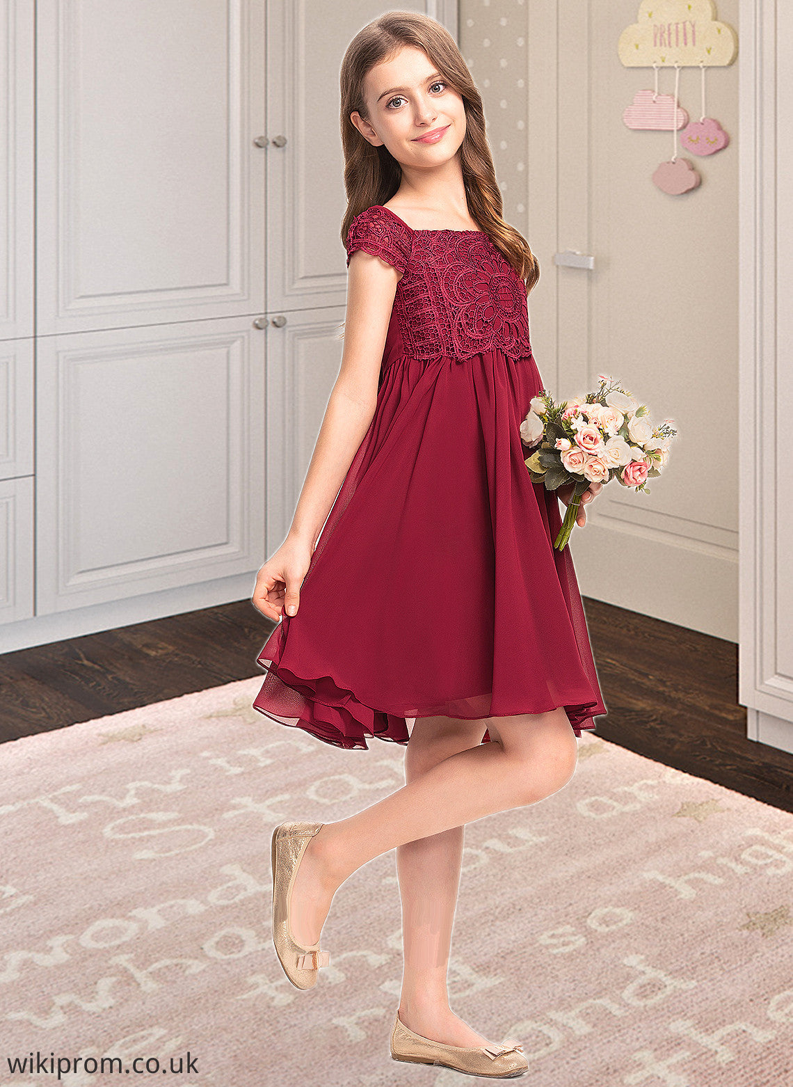 Arabella A-Line Off-the-Shoulder Knee-Length Chiffon Lace Junior Bridesmaid Dress With Bow(s) SWKP0013456