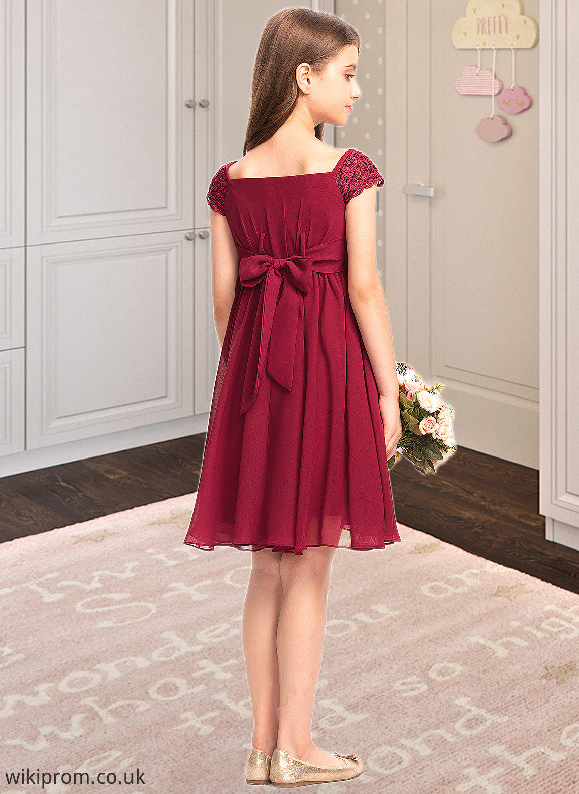 Arabella A-Line Off-the-Shoulder Knee-Length Chiffon Lace Junior Bridesmaid Dress With Bow(s) SWKP0013456