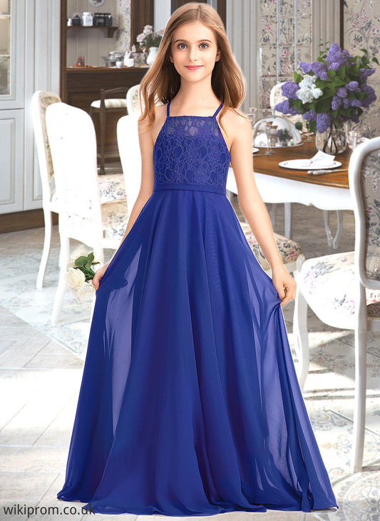 Aubrey A-Line Square Neckline Floor-Length Chiffon Lace Junior Bridesmaid Dress SWKP0013457