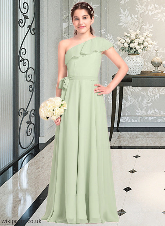 Janice A-Line One-Shoulder Floor-Length Chiffon Junior Bridesmaid Dress With Cascading Ruffles SWKP0013458