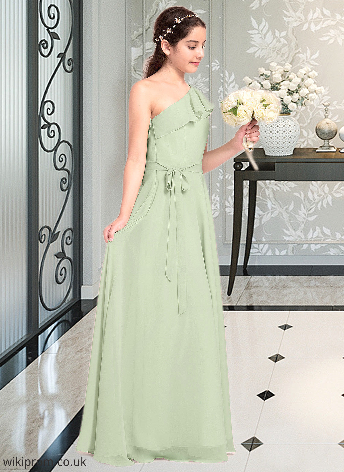 Janice A-Line One-Shoulder Floor-Length Chiffon Junior Bridesmaid Dress With Cascading Ruffles SWKP0013458