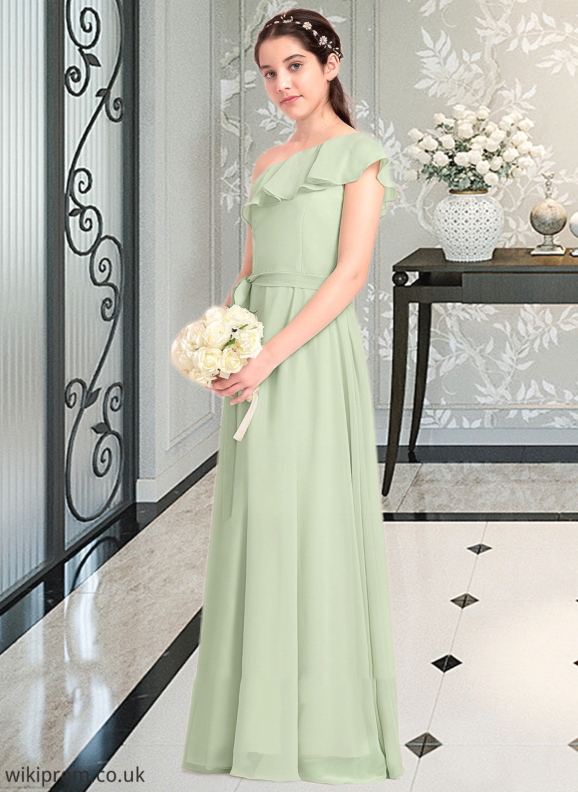 Janice A-Line One-Shoulder Floor-Length Chiffon Junior Bridesmaid Dress With Cascading Ruffles SWKP0013458