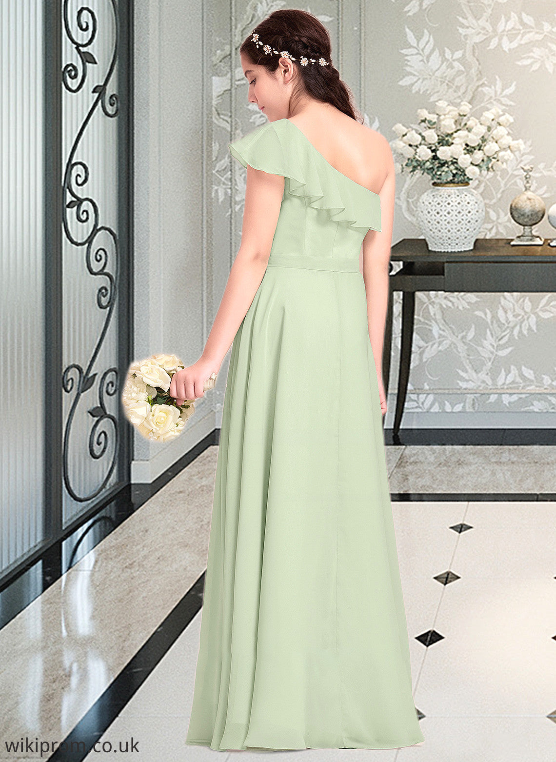 Janice A-Line One-Shoulder Floor-Length Chiffon Junior Bridesmaid Dress With Cascading Ruffles SWKP0013458