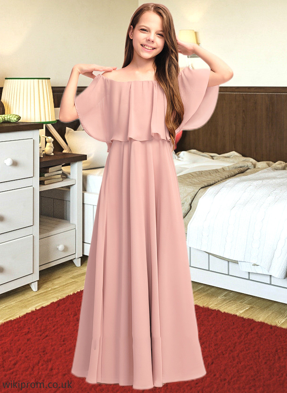 Kailey A-Line Off-the-Shoulder Floor-Length Chiffon Junior Bridesmaid Dress With Ruffle SWKP0013459