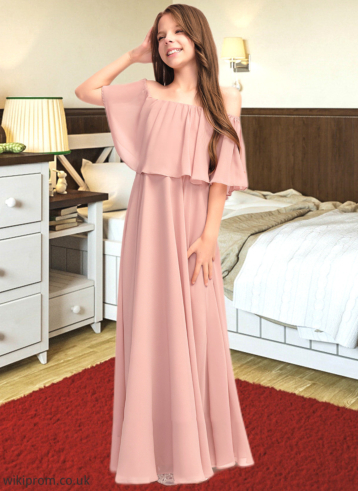 Kailey A-Line Off-the-Shoulder Floor-Length Chiffon Junior Bridesmaid Dress With Ruffle SWKP0013459