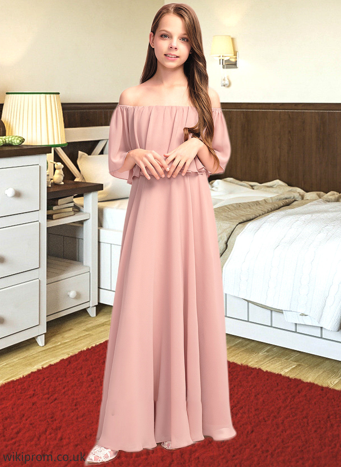 Kailey A-Line Off-the-Shoulder Floor-Length Chiffon Junior Bridesmaid Dress With Ruffle SWKP0013459