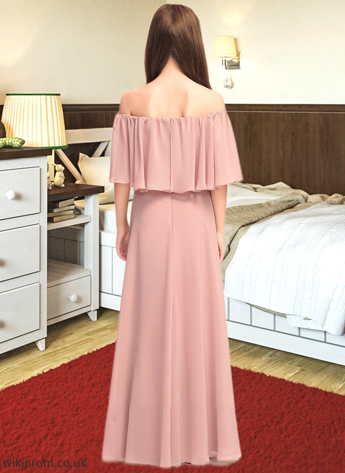 Kailey A-Line Off-the-Shoulder Floor-Length Chiffon Junior Bridesmaid Dress With Ruffle SWKP0013459