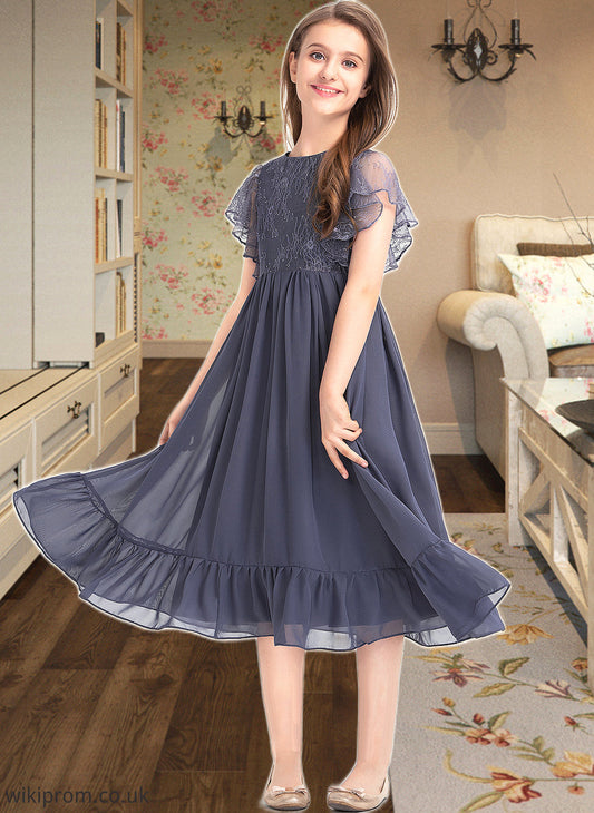 Emmalee A-Line Scoop Neck Knee-Length Chiffon Lace Junior Bridesmaid Dress With Cascading Ruffles SWKP0013462