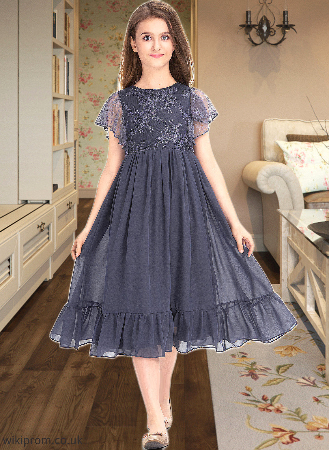 Emmalee A-Line Scoop Neck Knee-Length Chiffon Lace Junior Bridesmaid Dress With Cascading Ruffles SWKP0013462