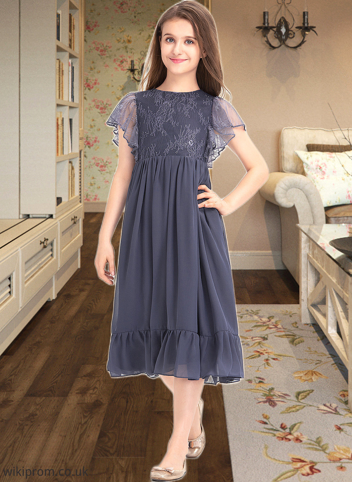 Emmalee A-Line Scoop Neck Knee-Length Chiffon Lace Junior Bridesmaid Dress With Cascading Ruffles SWKP0013462