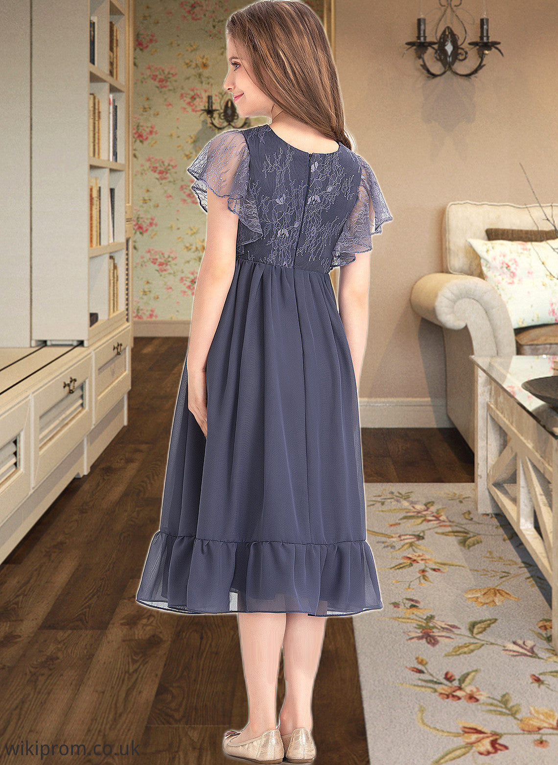 Emmalee A-Line Scoop Neck Knee-Length Chiffon Lace Junior Bridesmaid Dress With Cascading Ruffles SWKP0013462