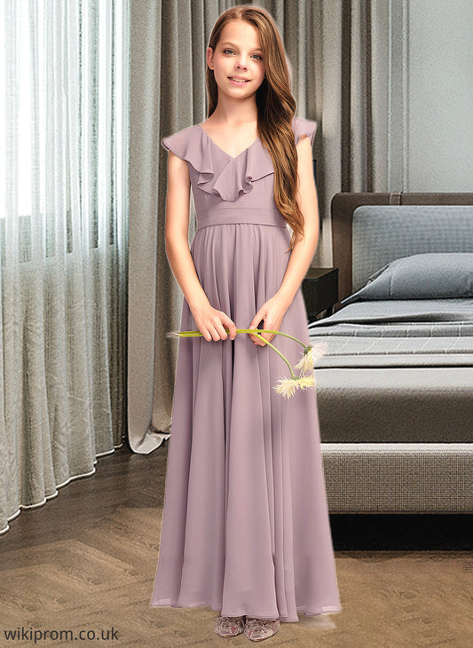 Nicole A-Line V-neck Floor-Length Chiffon Junior Bridesmaid Dress With Cascading Ruffles SWKP0013464