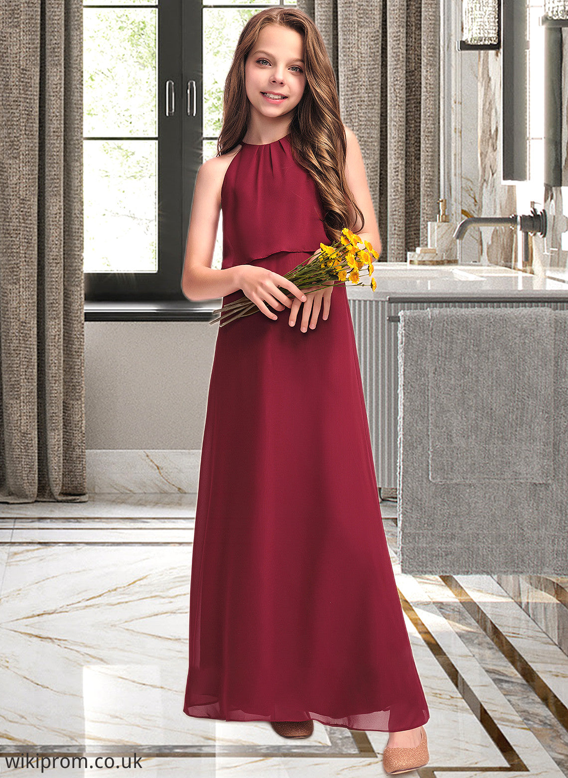 Renata A-Line Scoop Neck Floor-Length Chiffon Junior Bridesmaid Dress With Ruffles SWKP0013465