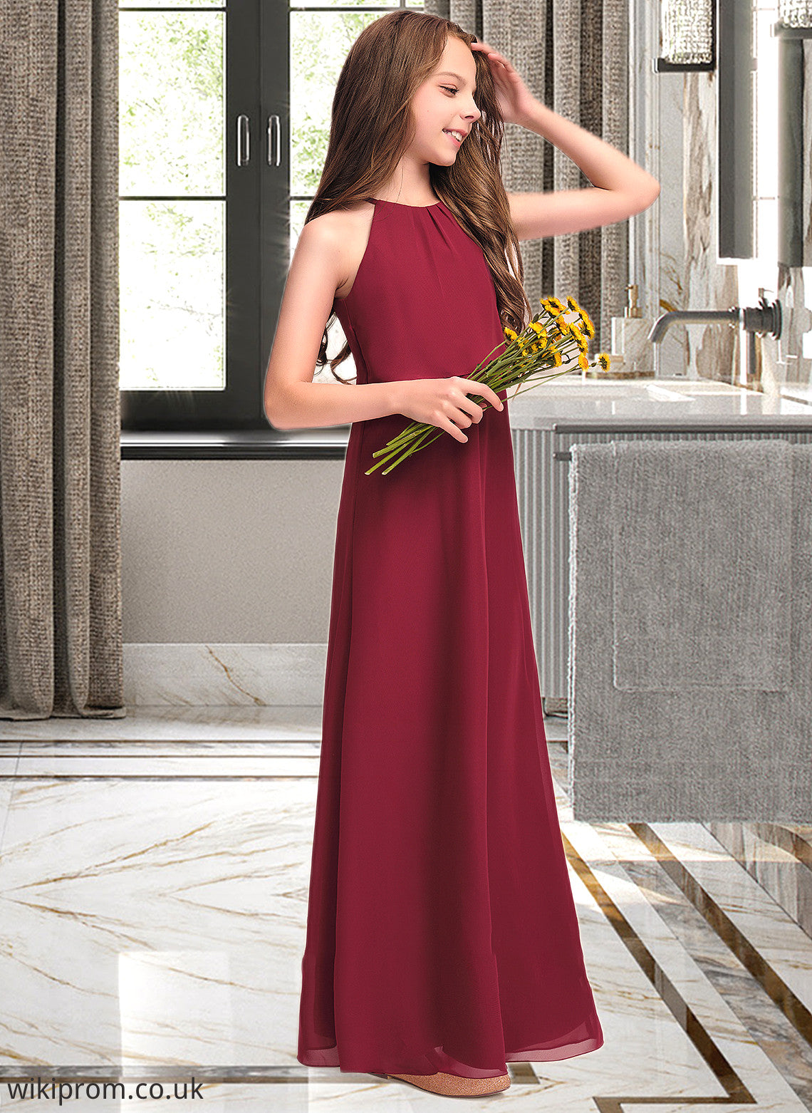 Renata A-Line Scoop Neck Floor-Length Chiffon Junior Bridesmaid Dress With Ruffles SWKP0013465