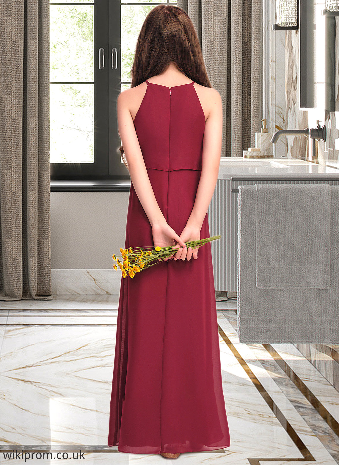 Renata A-Line Scoop Neck Floor-Length Chiffon Junior Bridesmaid Dress With Ruffles SWKP0013465