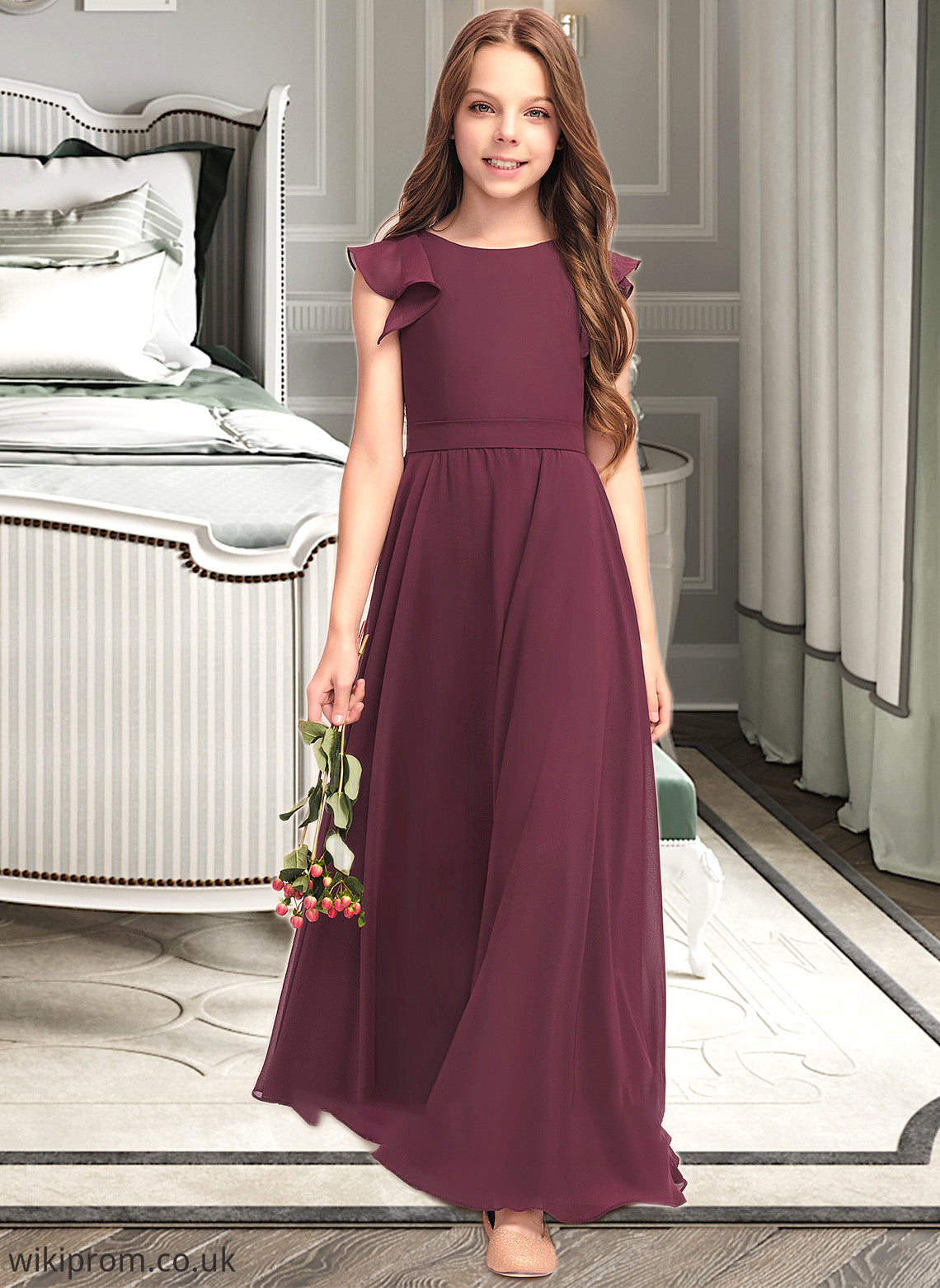 Alexandra A-Line Scoop Neck Floor-Length Chiffon Junior Bridesmaid Dress With Cascading Ruffles SWKP0013466