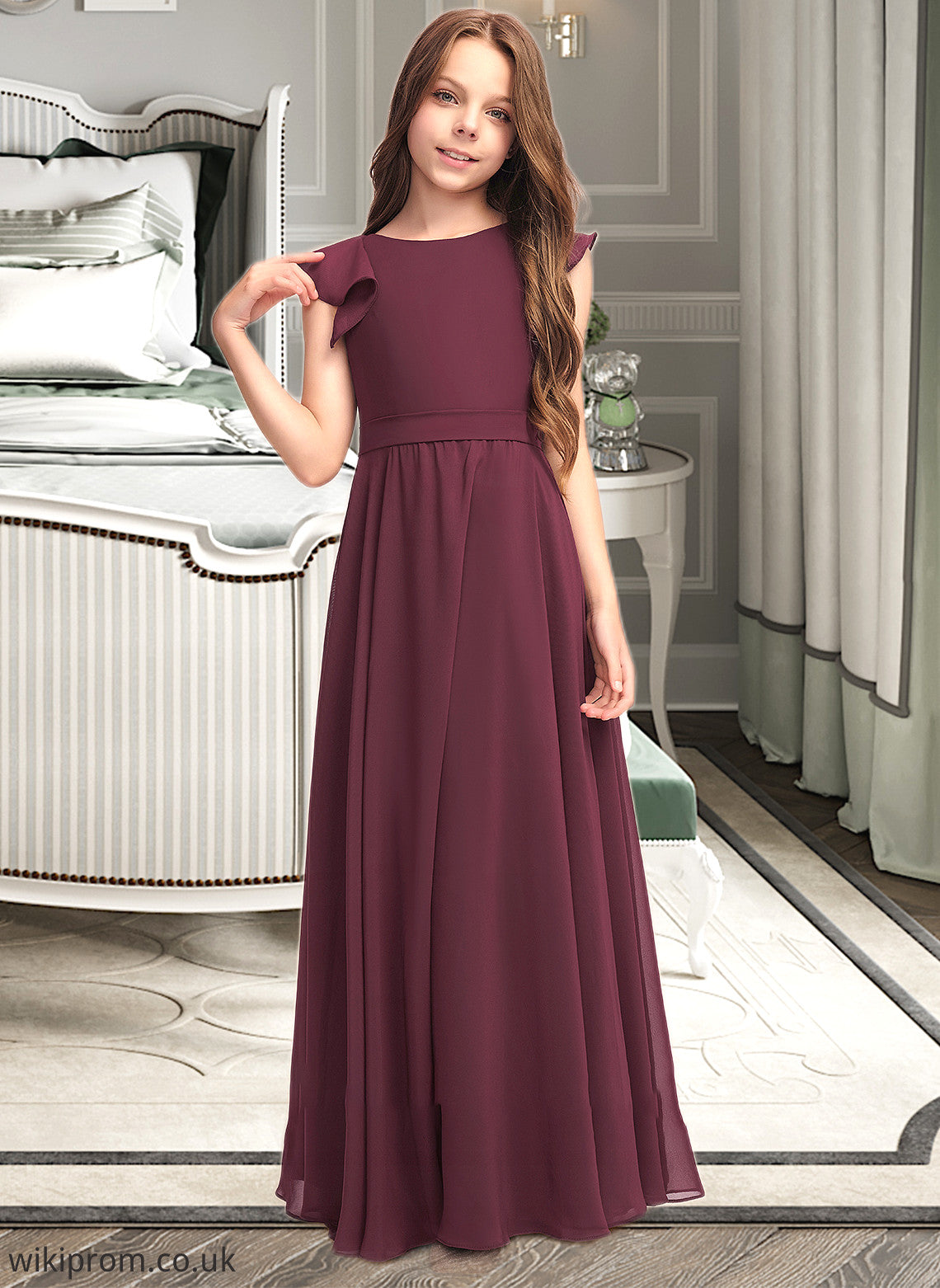 Alexandra A-Line Scoop Neck Floor-Length Chiffon Junior Bridesmaid Dress With Cascading Ruffles SWKP0013466