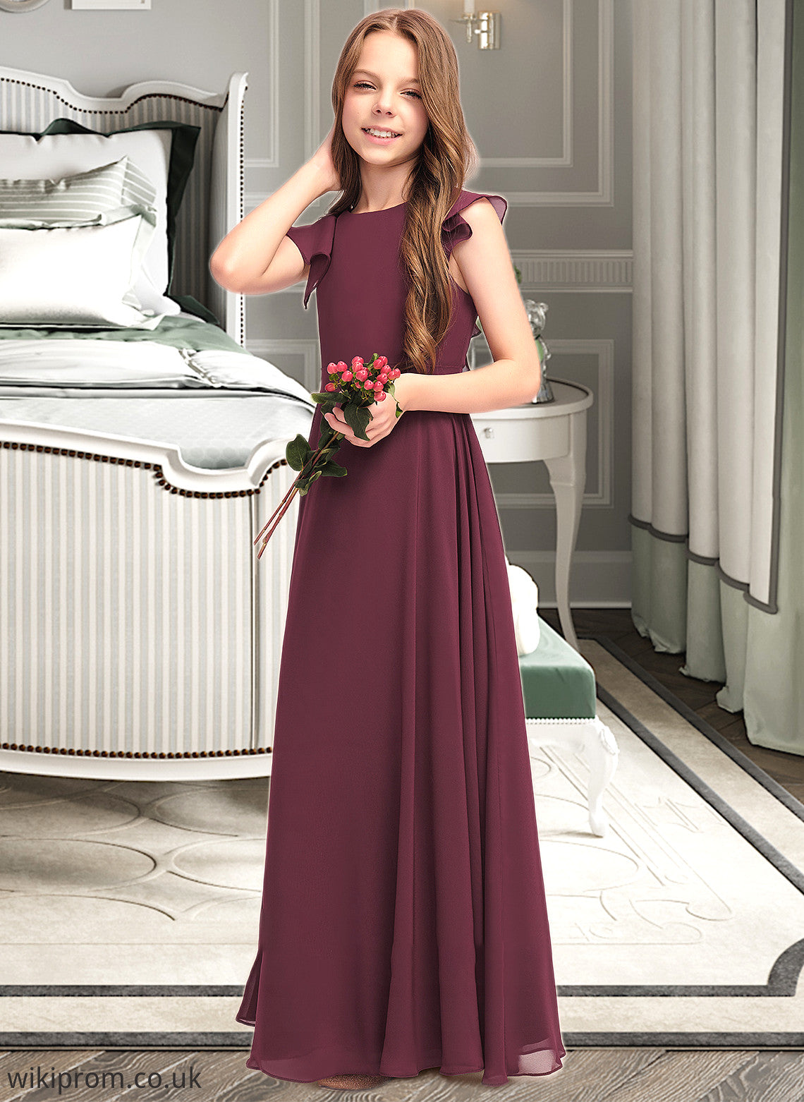 Alexandra A-Line Scoop Neck Floor-Length Chiffon Junior Bridesmaid Dress With Cascading Ruffles SWKP0013466